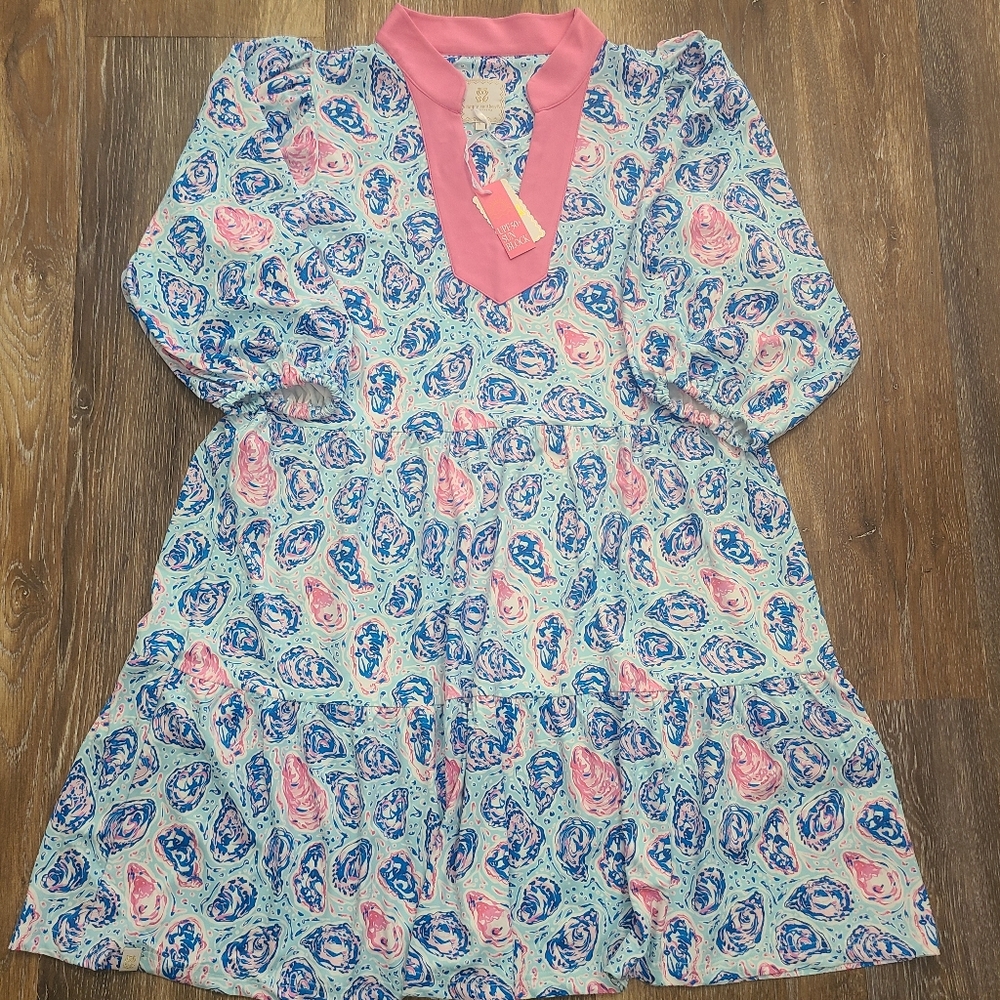 Simply Southern Pink and Blue Oyster Print Dress Womens Size Large NWT